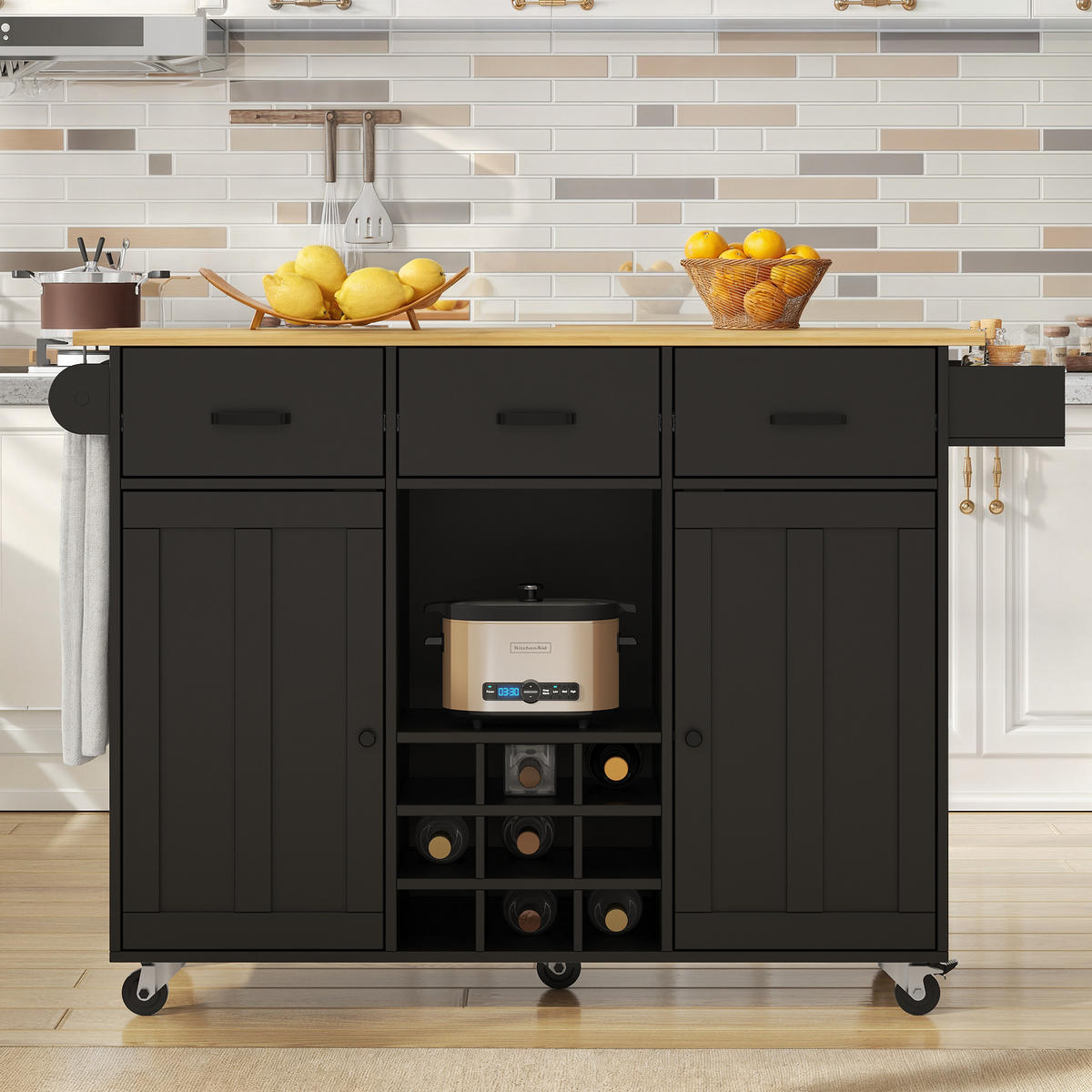 KÜCHENWAGEN 104x39.5x91.5cm Schwarz mit 3 Schubladen & Weinrutsche - Schwarz, Holzwerkstoff (104/91.5/39.5cm) - Modfu