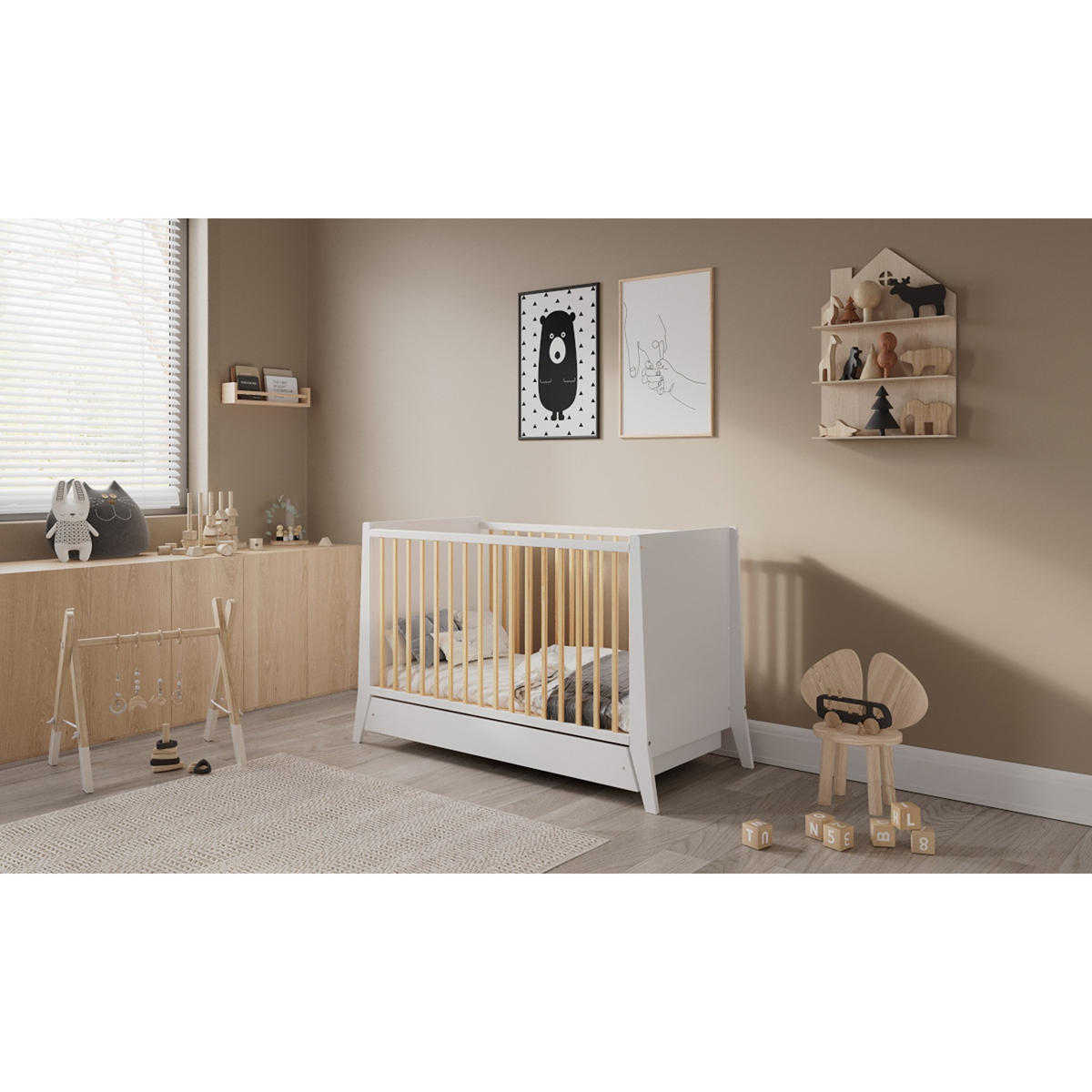 BABYBETT Zoe, Mitwachsendes, mit Schublade Weiß und Kiefer - Kieferfarben, Holz (60/120cm) - Premiers Moments