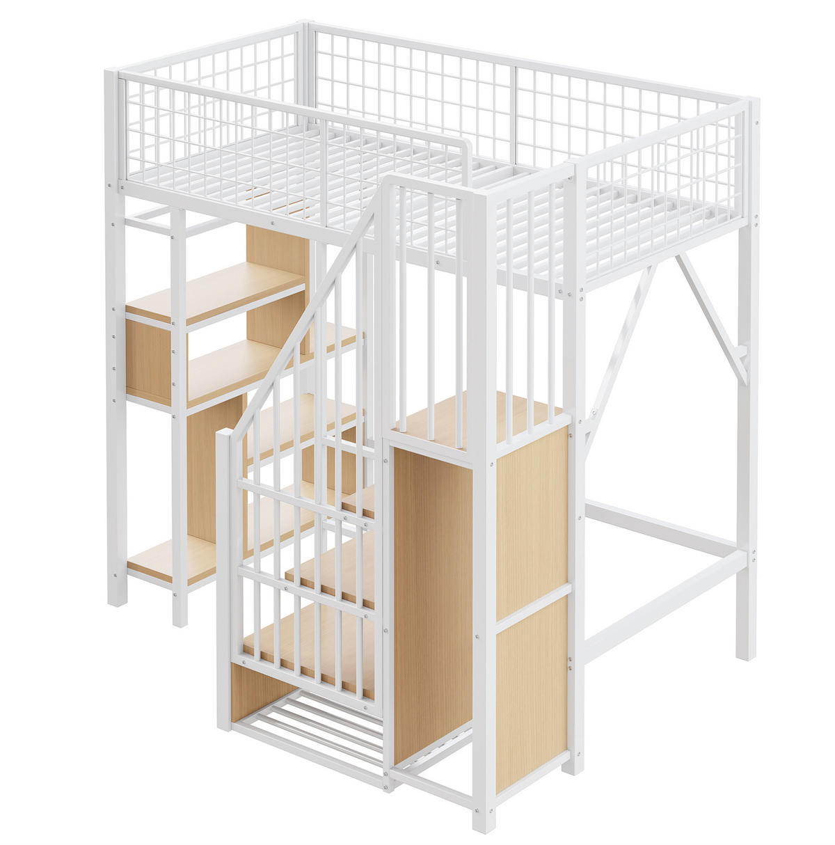 HOCHBETT 90/200 cm Weiß aus Metall und Holz mit Stauraumtreppe - Weiß, Metall (90/200cm) - OKMYHOME