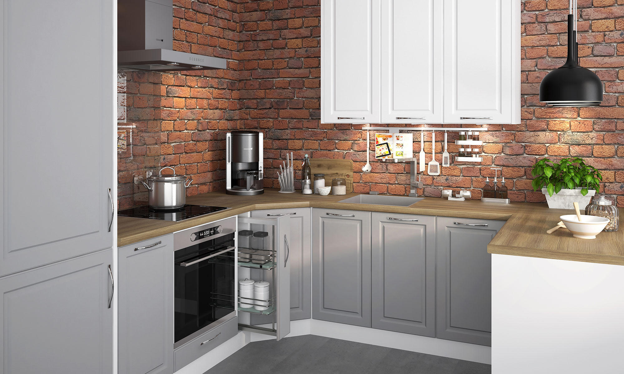 U-FORM KÜCHENZEILE 11-tlg Elbing Weiß / Grey Stone 275 / 274,4 / 243cm - Blum Teilauszug - Weiß/Grau, Holzwerkstoff/Metall (275/243/274.4cm) - Feldmann-Wohnen