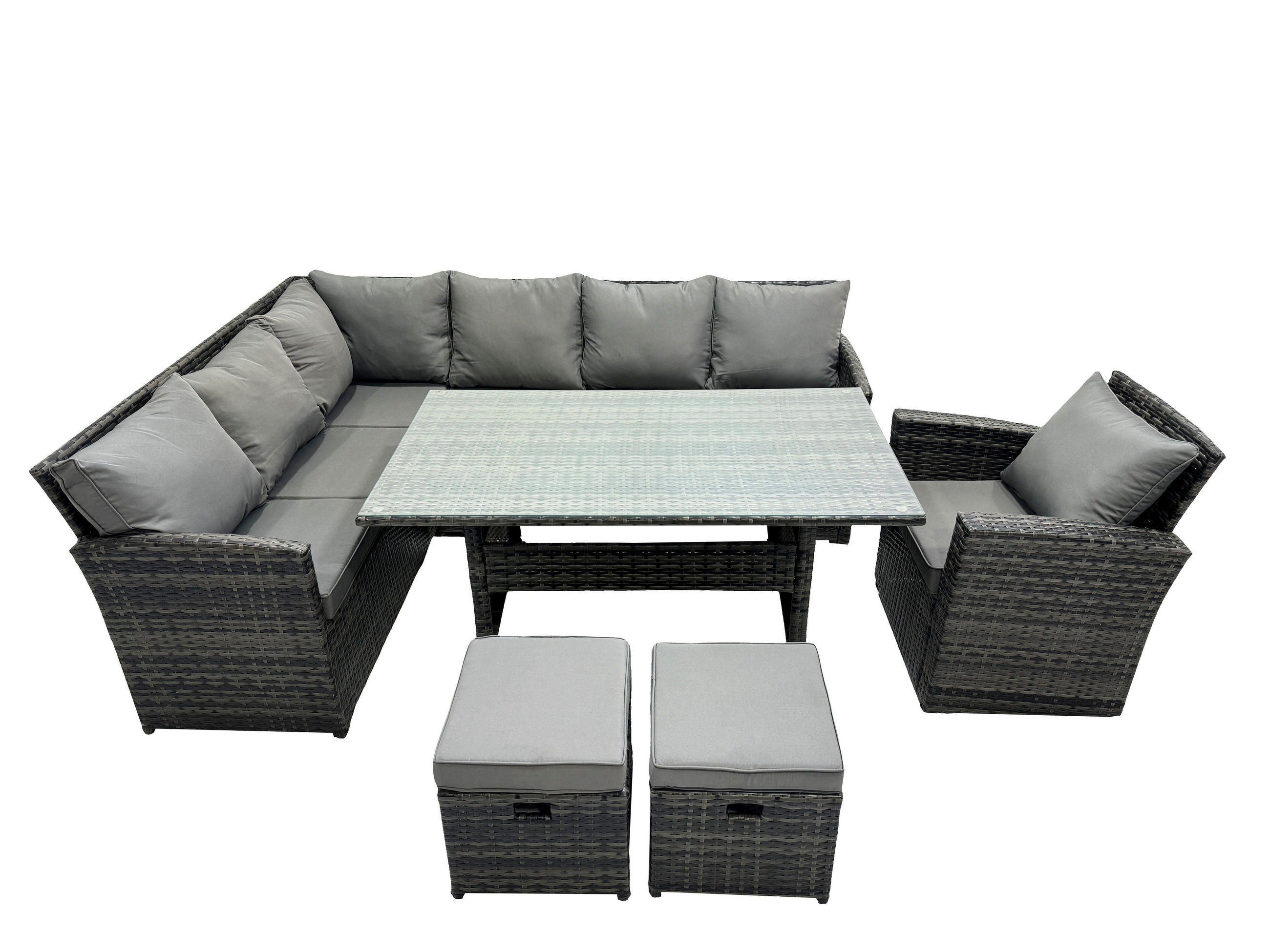 SITZGRUPPE mit Esstisch Polyrattan Dunkelgrau 9-Sitzer - Dunkelgrau/Grau, Glas/Kunststoff - Fimous