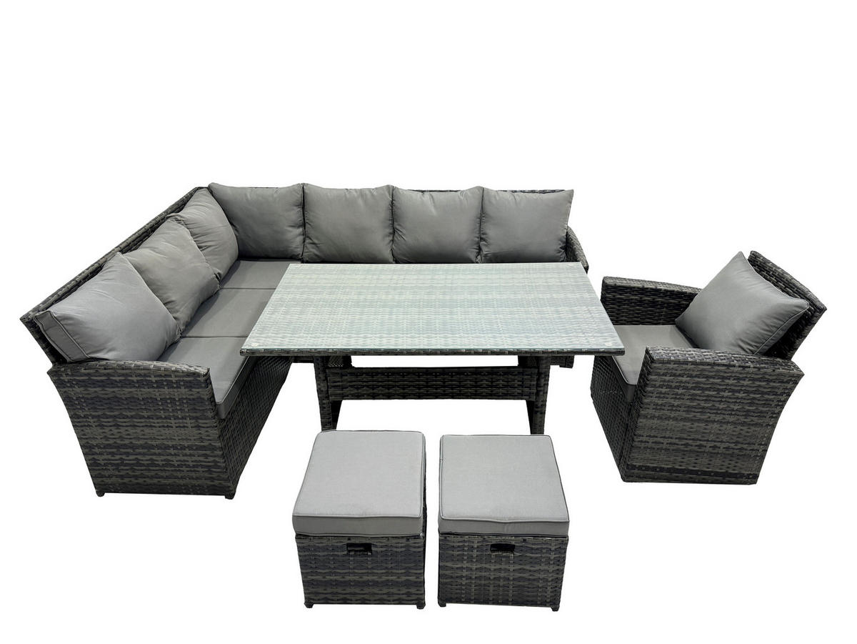 SITZGRUPPE mit Esstisch Polyrattan Dunkelgrau 9-Sitzer - Dunkelgrau/Grau, Glas/Kunststoff - Fimous