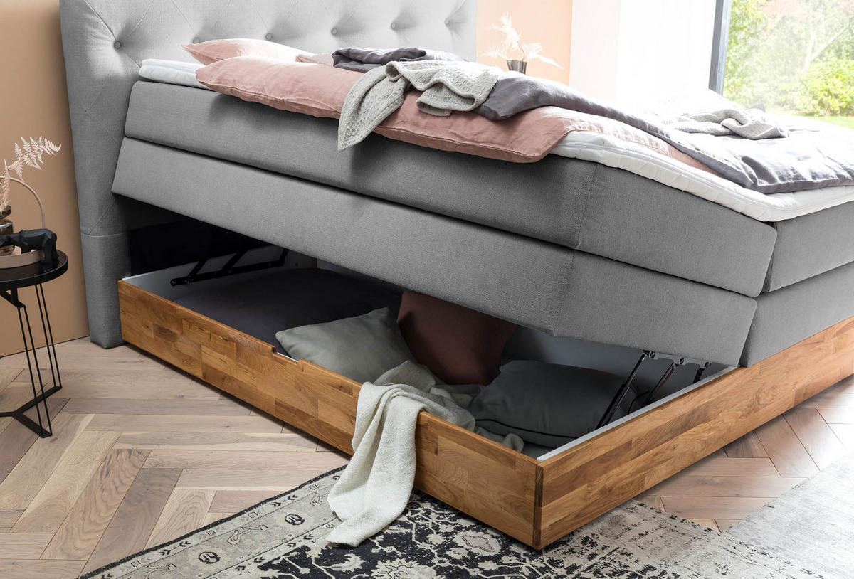 BOXSPRINGBETT MARBO 180x200 Anthrazit H2 und H3 mit Bettkasten 7-Zonen Taschenfederkern Matratze inkl. Visco Topper und Eiche - Anthrazit, Textil (180/200cm) - Belanoti