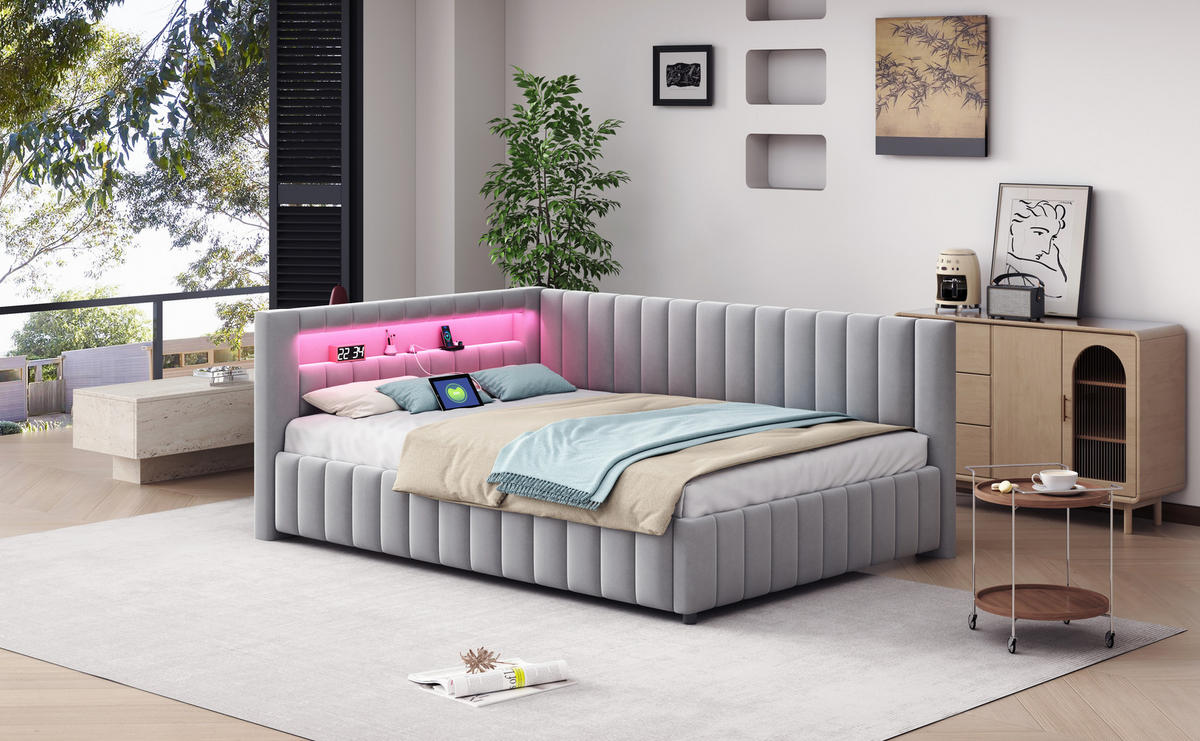 POLSTERBETT 140x200 cm LED USB grau - Grau, Textil (140/200cm) - LEBENLANG
