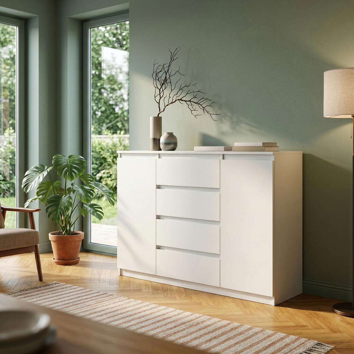 KOMMODE NUDO 120/101,5/39cm mit 4 Schubladen 2 Türen Weiß - Weiß, Holzwerkstoff (120/101.5/39cm) - MASSENO