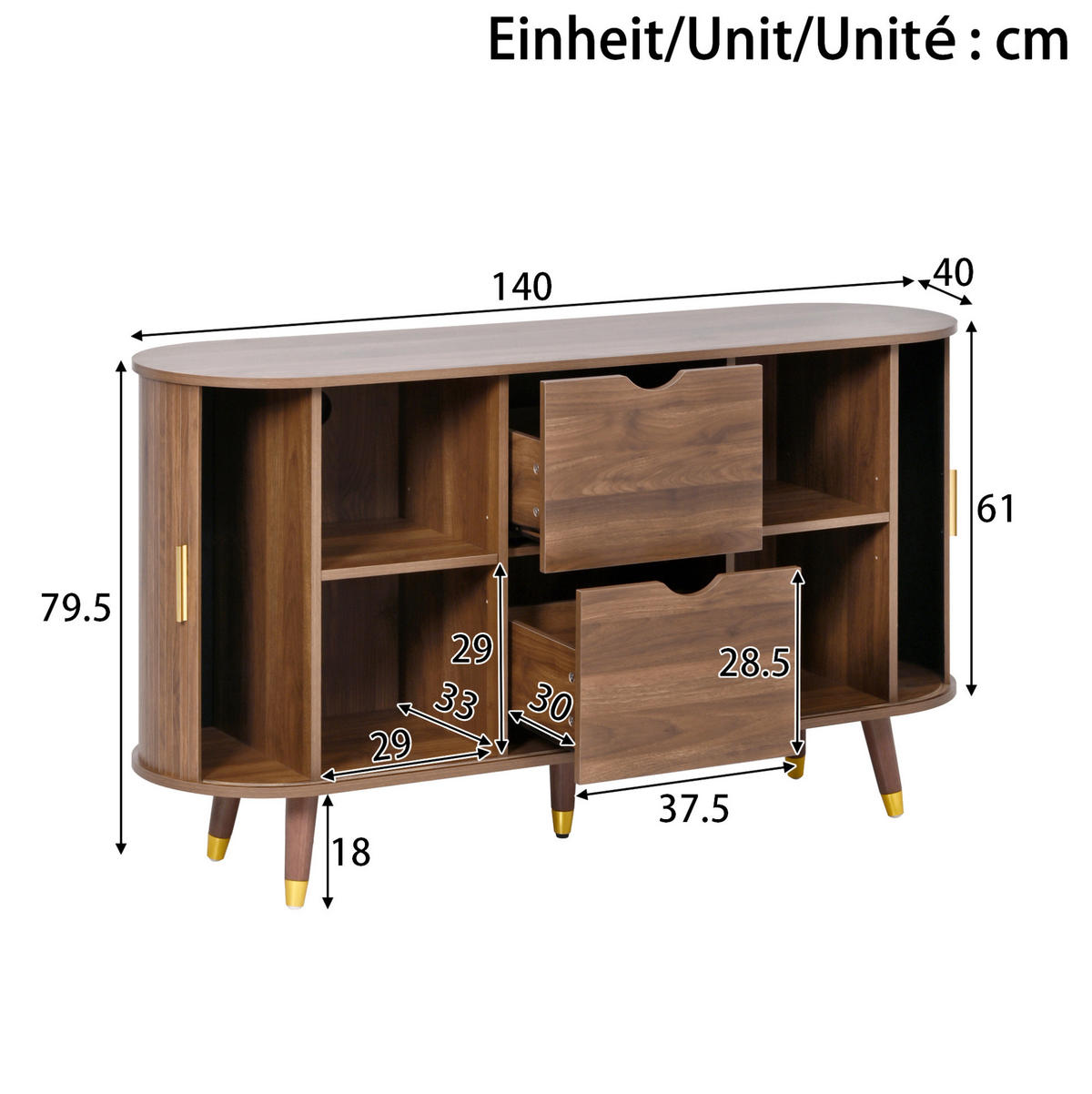 KOMMODE 140/40/79,5 cm mit 2 Schubladen und Schiebetüren in Nussbaum - Nussbaumfarben, Holzwerkstoff (140/79.5/40cm) - BEAOK