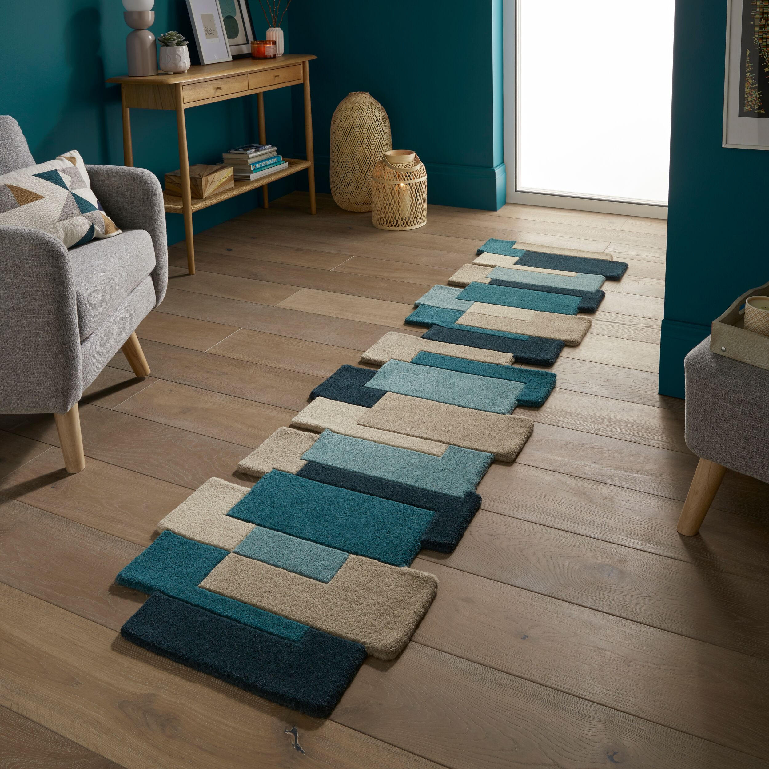 WOLLTEPPICH Geometrisch-Design, handgetuftet THAMES EVA, Türkis 60x230 cm - Türkis, Textil (60/230cm) - KADIMA DESIGN