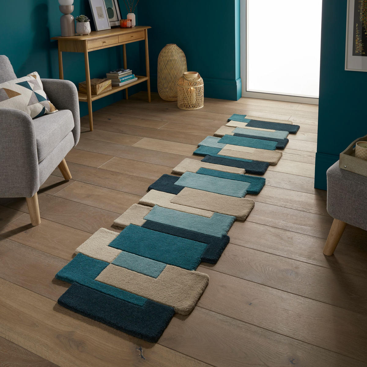WOLLTEPPICH Geometrisch-Design, handgetuftet THAMES EVA, Türkis 60x230 cm - Türkis, Textil (60/230cm) - KADIMA DESIGN