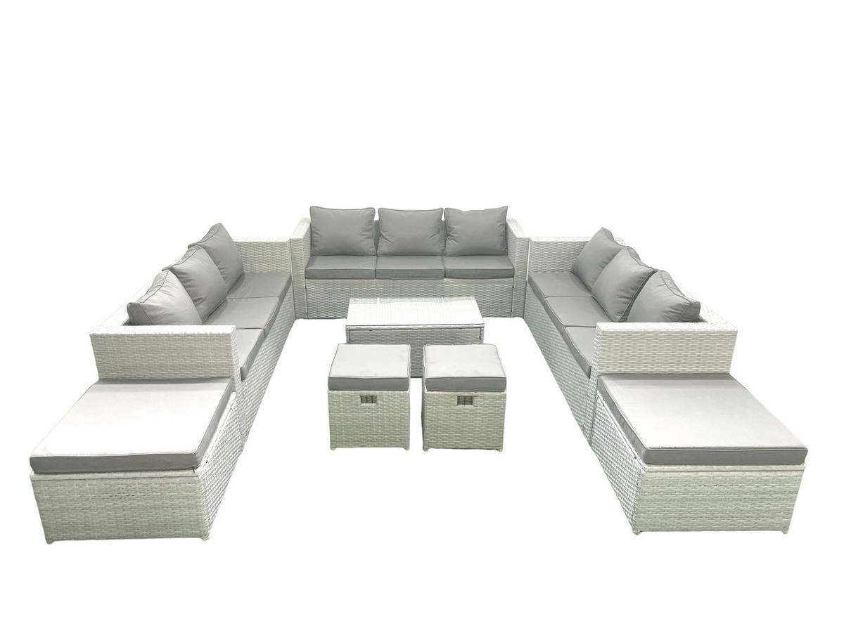 GARTENSET mit 3-SITZER SOFA,COUCHTISCH Polyrattan Hellgrau-Mix 13-Sitzer - Hellgrau/Grau, Glas/Kunststoff - Fimous