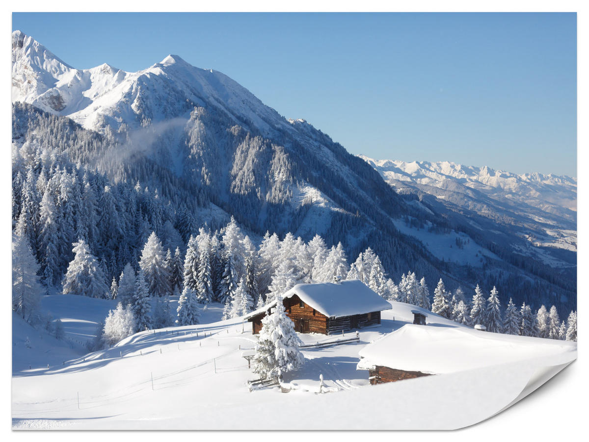 FOTOTAPETA Pre Obývaciu Izbu Drevená Chata Hory Stromy Zima 450 x 315 cm - biela, papier (450/315cm) - Muralo