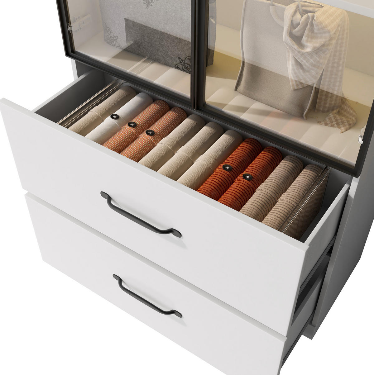 HIGHBOARD mit Glastüren 60/40/160 cm mit LED-Beleuchtung und 2 Schubladen - Weiß, Holzwerkstoff (60/160/40cm) - BEAOK