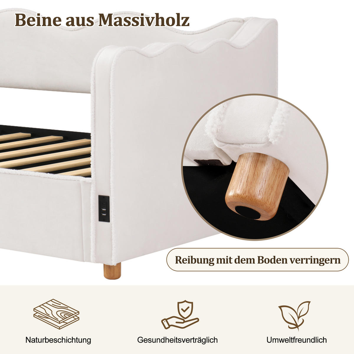 SCHLAFSOFA 90×200 Cm, USB-Anschlüssen & Type-C, Polster-Tagesbett,Samt, Beige - Beige, Holz (216/74.5/102.5cm) - FLIEKS