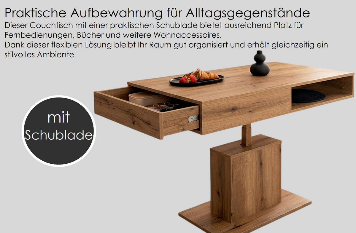 COUCHTISCH rechteckig stufenlos höhenverstellbar Schubalde 110/65/59 cm - Eichefarben, Holzwerkstoff (65/110/59cm) - designimpex