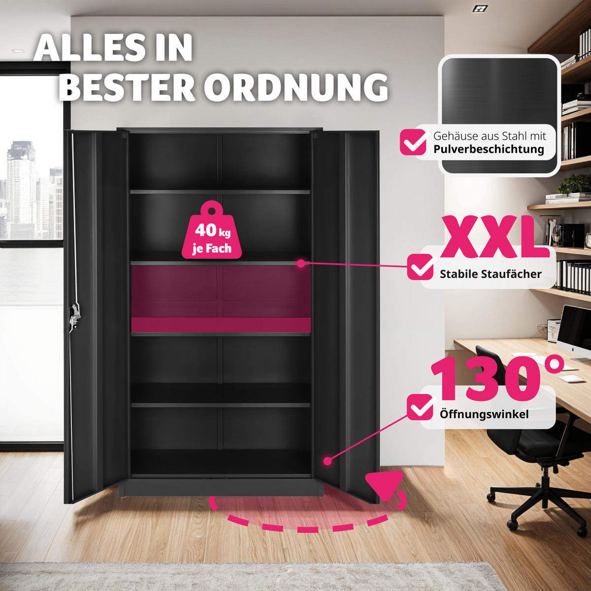 AKTENSCHRANK Blain,180 x 80 x 40 cm,schwarz - Schwarz, Metall (40/180/80cm) - tectake