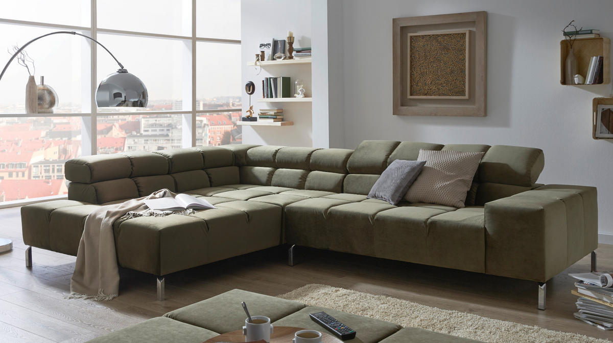 ECKSOFA NELSON Dunkelgrün Velvet - Dunkelgrün/Silberfarben, Textil (321/216cm) - KAWOLA