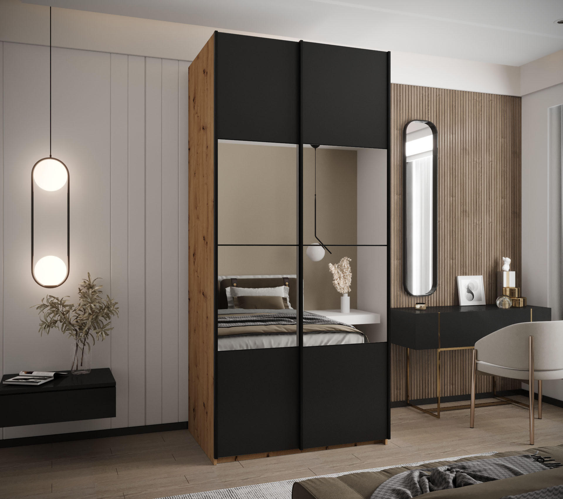 SCHWEBETÜRENSCHRANK 245,5/120/64 2-türig - Schwarz/Eiche Artisan, Holz/Metall (120/245/64cm) - Abiks Möbel