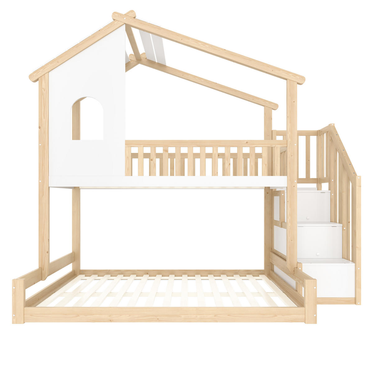 ETAGENBETT 90x200cm + 140x200cm Natur + Weiß Stauraumleiter Fenster - Multicolor, Holz (140/200cm) - FLIEKS