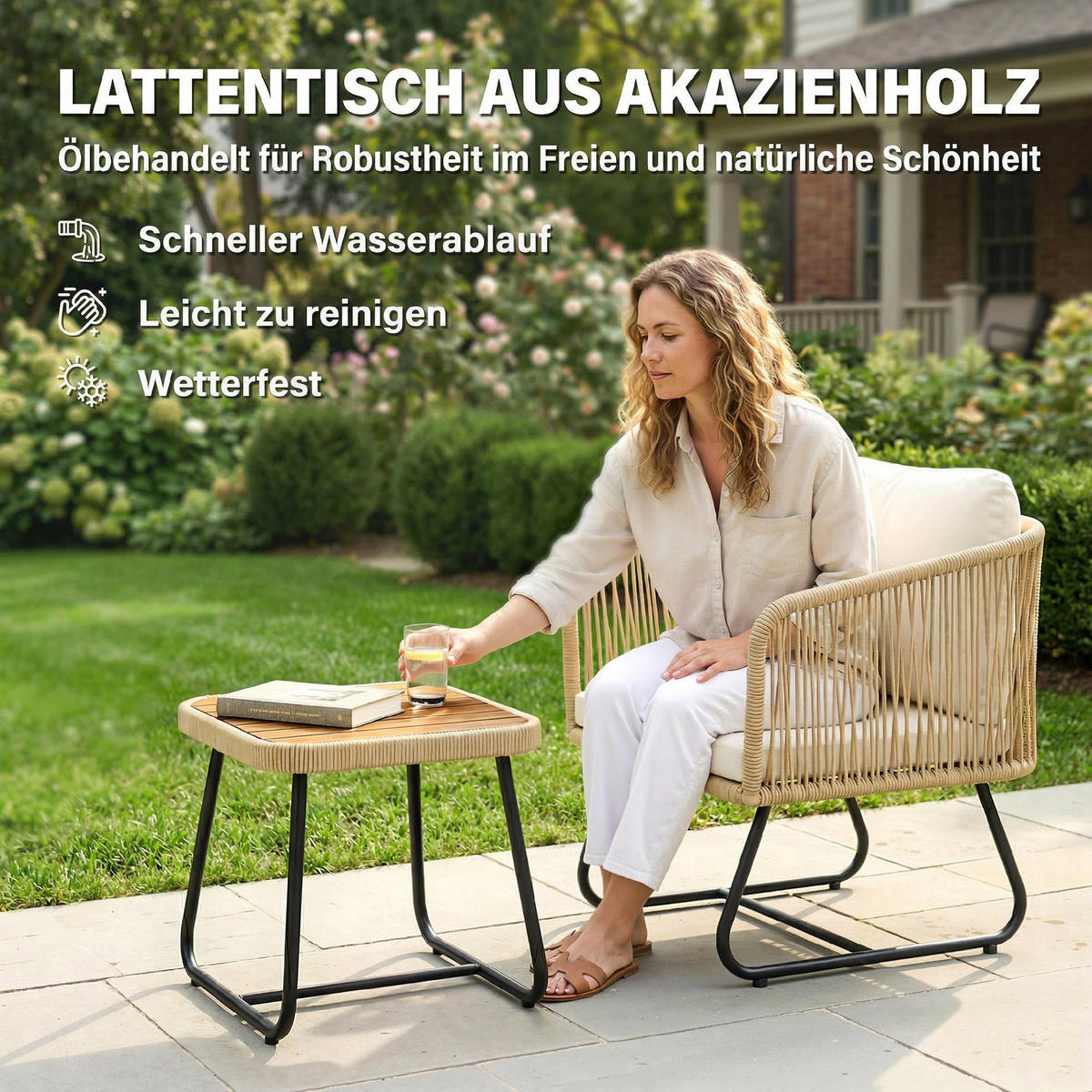 RATTAN-SITZGRUPPE 3er Set PP-Rattan Stahl Cremeweiß - Beige/Creme, Textil/Metall - Outsunny