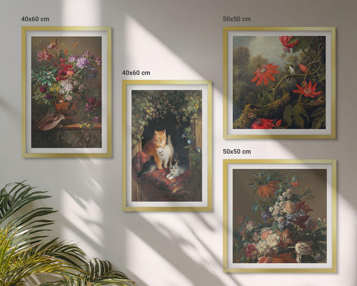 BILDER SET 4er Set - 50x50 cm & 40x60 cm Goldrahmen - Vintage-Blumen, Katzen, Pflanzen - Goldfarben, Kunststoff (50/50cm) - TULUP