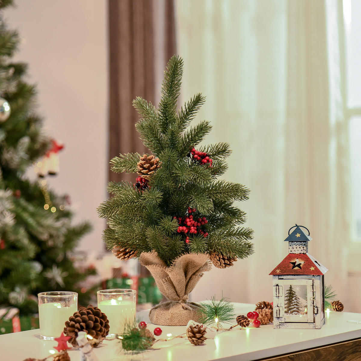 WEIHNACHTSBAUM DE-41616 Mini 50 cm, inkl. Schmuck und roten Beeren Grün/Mehrfarbig - Grün, Kunststoff (50cm) - ComfortXL