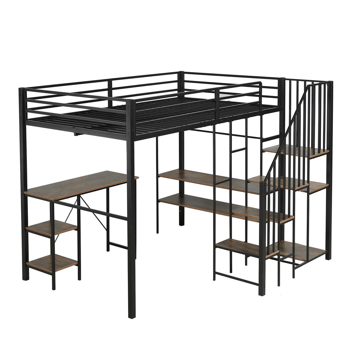 ETAGENBETT 120/200 cm mit Schreibtisch, Regal, offenem Kleiderschrank und Eckleiter, Schwarz - Schwarz, Holzwerkstoff (120/200cm) - Redom