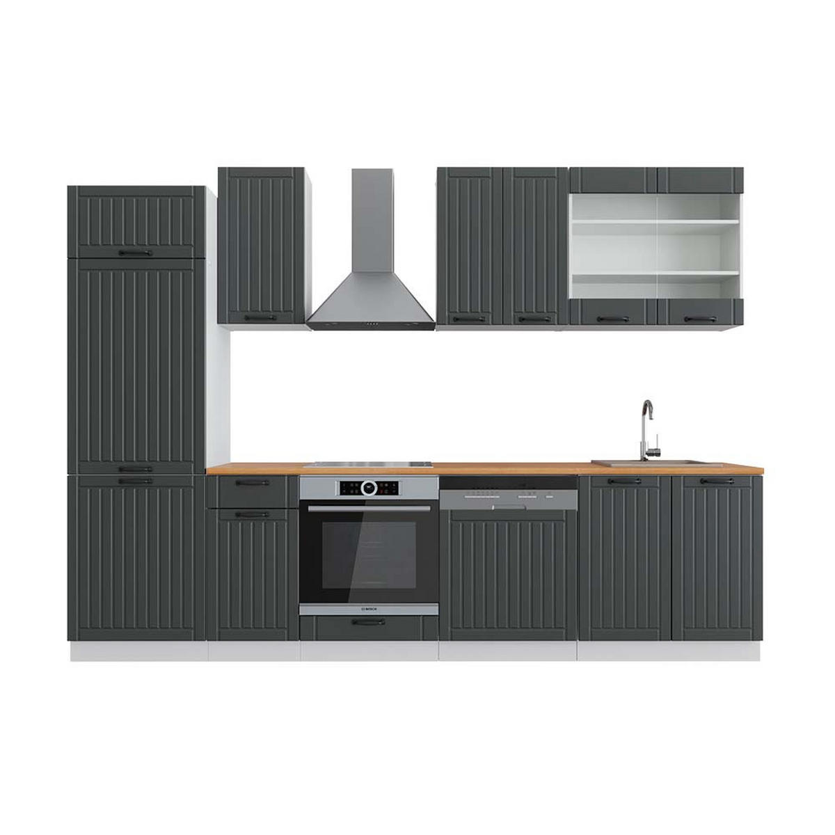 KÜCHENZEILE Fame-Line Anthrazit Landhaus/Weiß 300 cm, AP Eiche - Dunkelgrau/Weiß, Holzwerkstoff (300/81.6/60cm) - Vicco