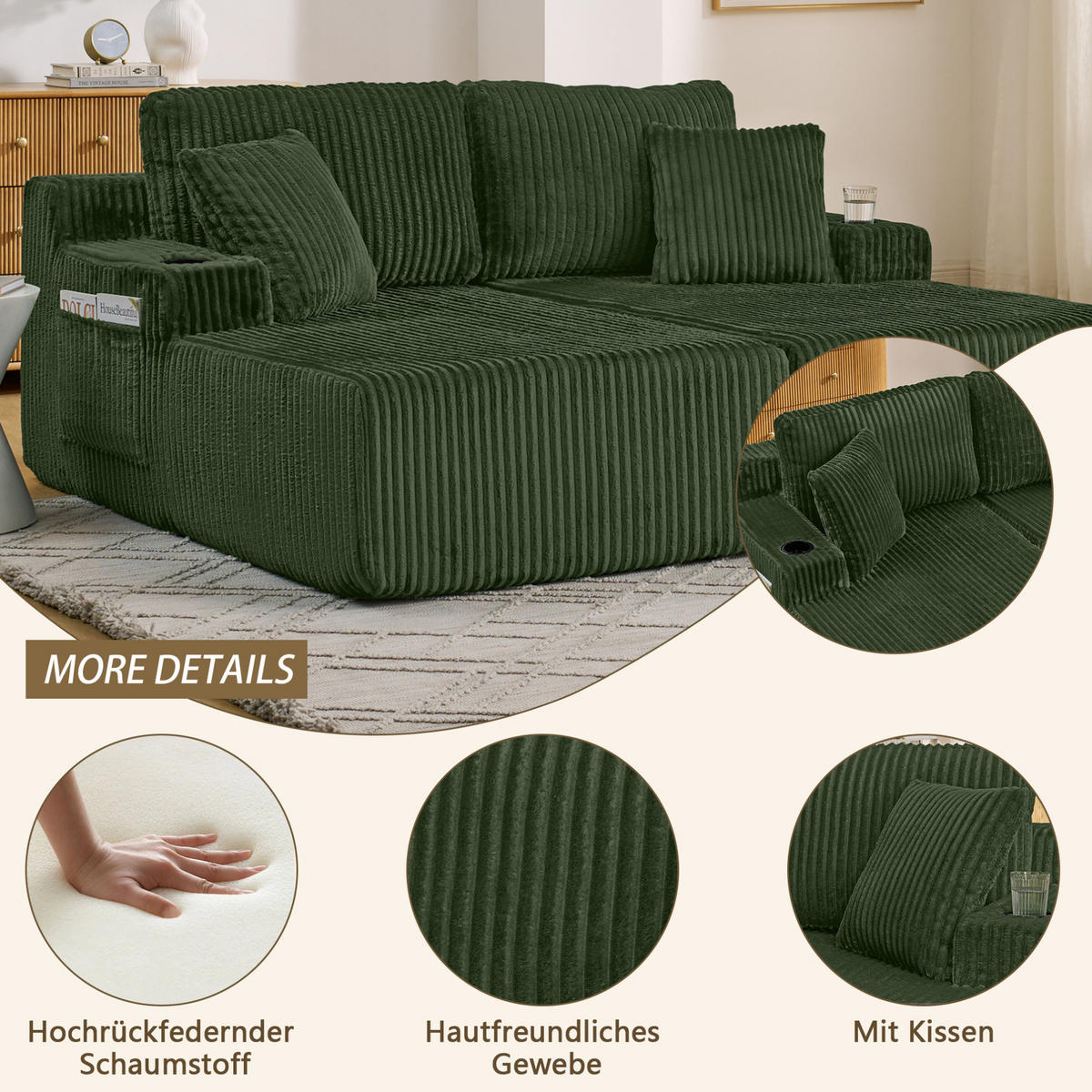 SCHLAFSOFA mit Getränkehalter, Seitentasche und abnehmbaren Kissen aus Schaumstoff, Grün - Grün, Kunststoff (186/78/154cm) - Redom