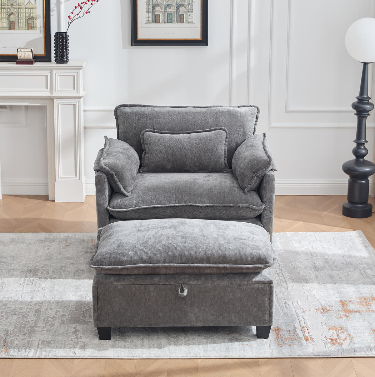 SESSEL 103/85/91 cm in Grau aus Chenille mit Fußhocker und Stauraum - Grau, Textil (103/91/85cm) - BEAOK