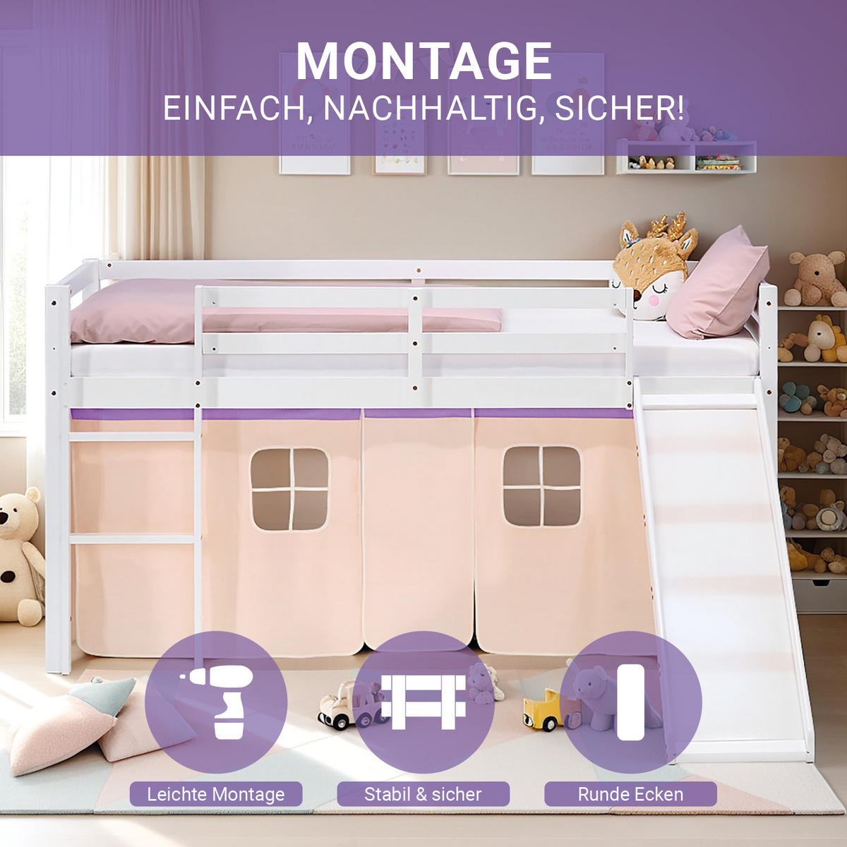 HOCHBETT 90/200 cm in weiß Rutsche Bettvorhang peach - Lila/Weiß, Holz/Textil (90/200cm) - Homestyle4u