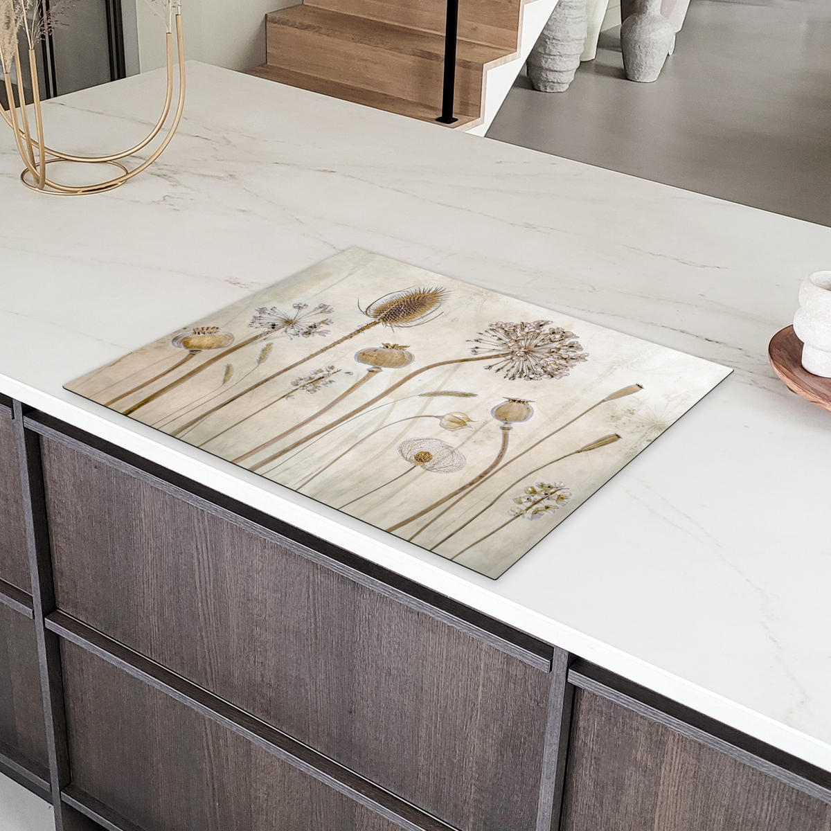 HERDABDECKPLATTE Blumen - Aquarell - Stilleben - Braun - Vintage 77x59 cm - Sandfarben, Kunststoff (77/59/0.2cm) - MuchoWow