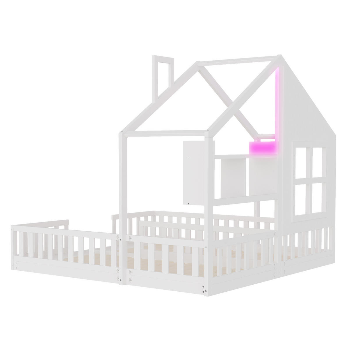 KINDERBETT 90/200 cm aus Holzwerkstoff mit LED-Beleuchtung, Hausdesign, Sicherheitsgitter und Ablagen, Weiß - Weiß, Holzwerkstoff (90/200cm) - Redom