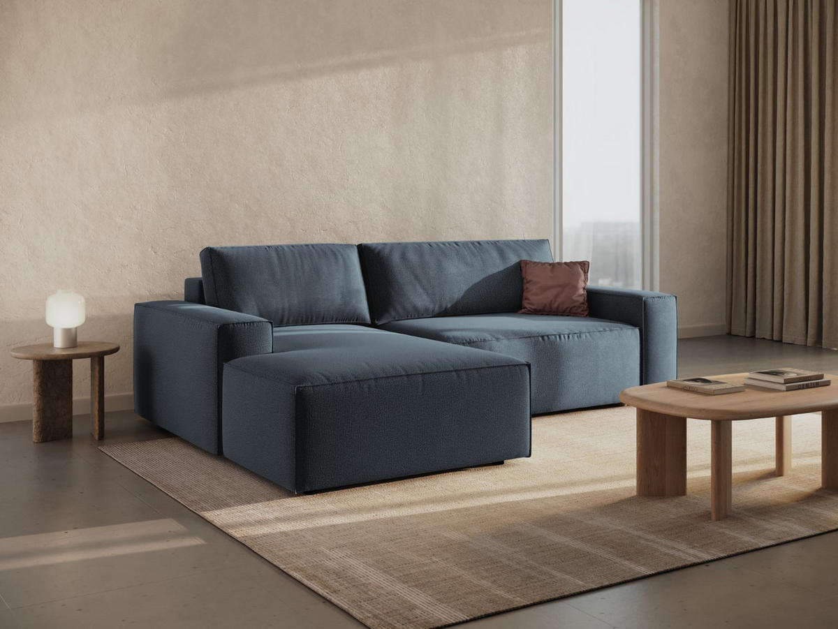 AUSKLAPPBARES-ECKSOFA links mit Container Jodie aus strukturiertem Stoff blau 3 Sitzplätze - Blau, Textil (246/151cm) - Micadoni