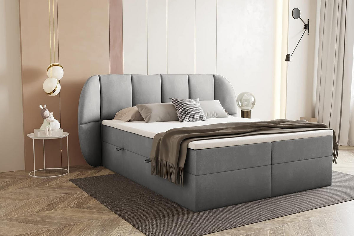 BOXBETT 160x200 cm, BILBAO, Elegant dekoratives Kopfteil, Mit Bettkasten und Taschenmatratze, Grau - Grau, Holzwerkstoff/Kunststoff (160/200cm) - Trada