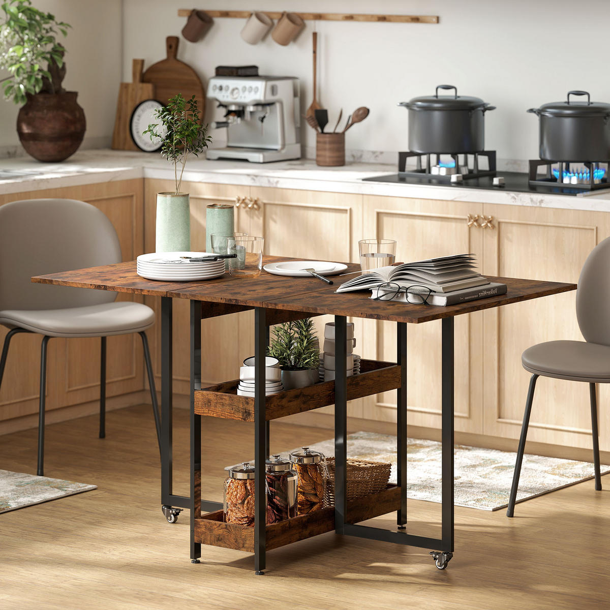 ESSTISCH Klappbar Küchentisch für 2-4 Personen mit 2 Offenen Ablagen, Rollen - Braun, Holz (133.4/80/75cm) - HOMCOM