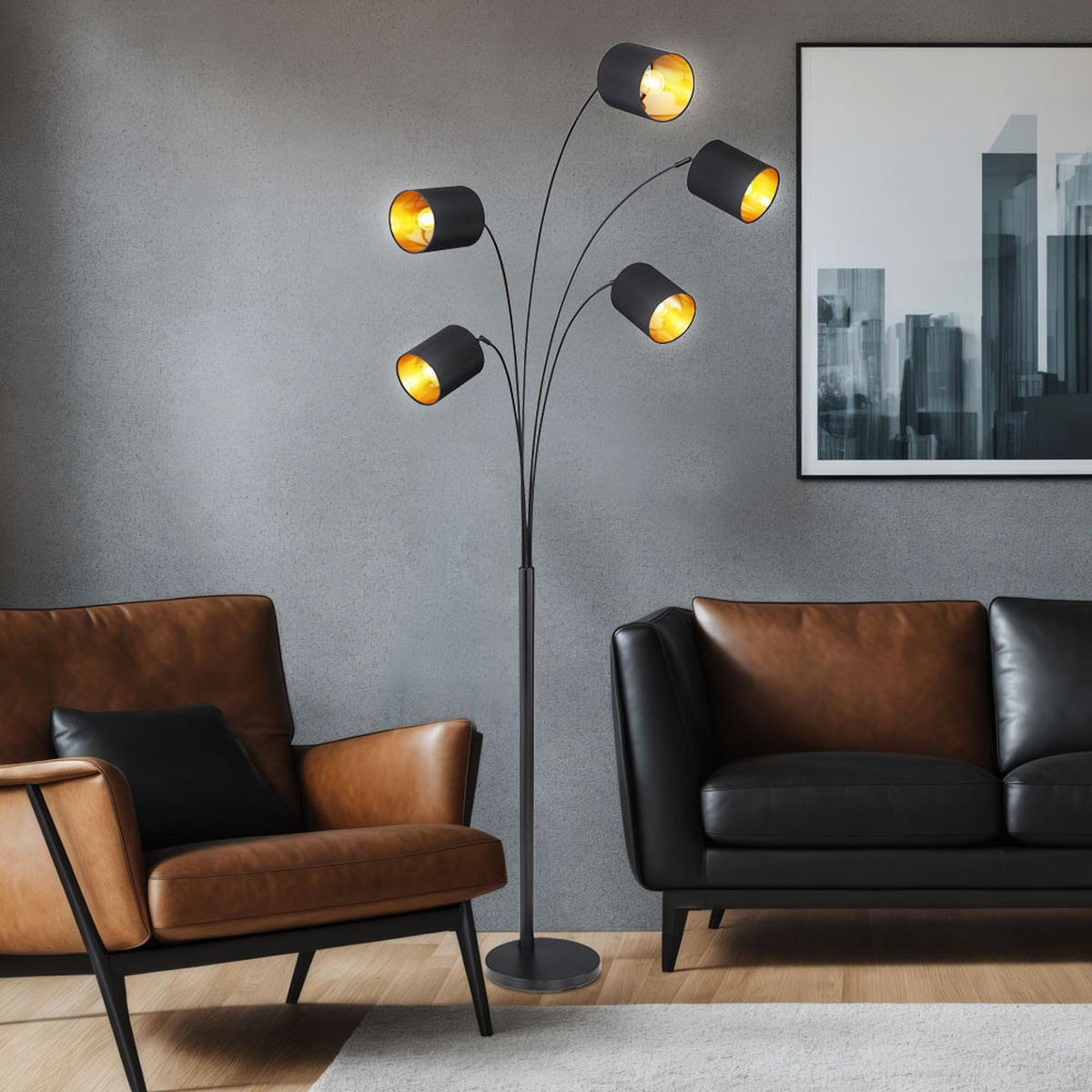LED STEHLEUCHTE Schwarz Gold Textilschirme - Schwarz, Metall (74/70/204cm) - Globo Lighting