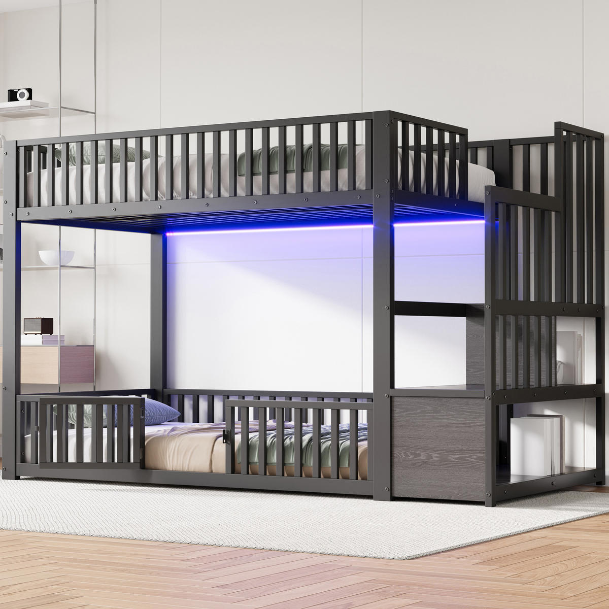 ETAGENBETT 90/200 cm Schwarz mit Stauraumleiter und LED - Schwarz, Metall (90/200cm) - Oxeza