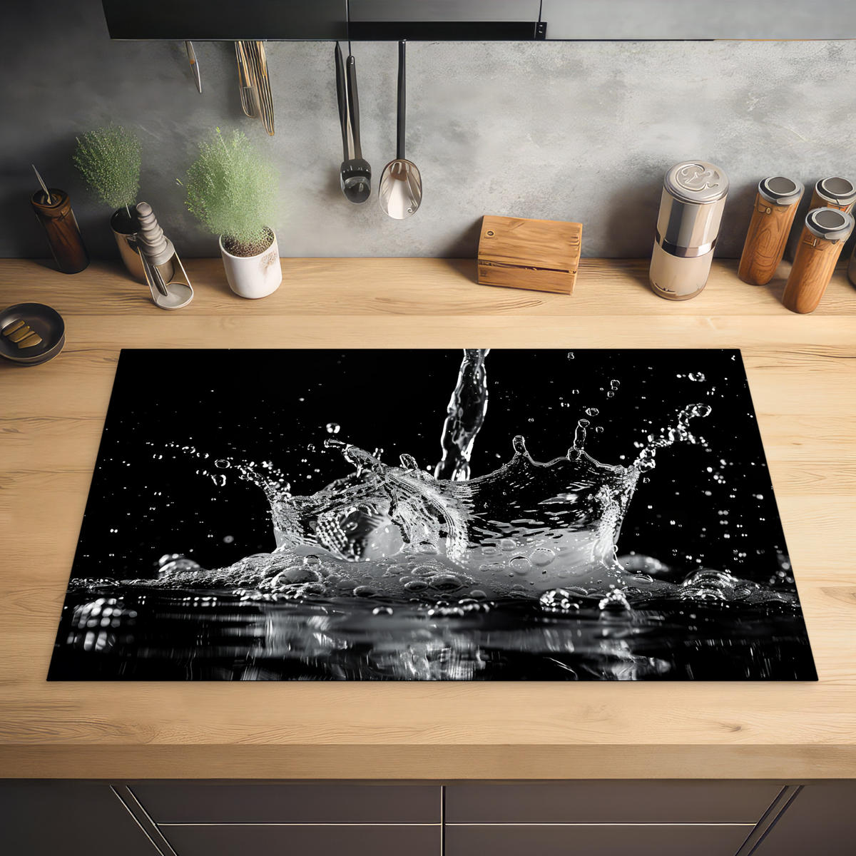 HERDABDECKPLATTE Wasser - Spritzwasser - Schwarz Induktionsmatte 83x51 cm - Schwarz, Kunststoff (83/51.5/0.2cm) - MuchoWow