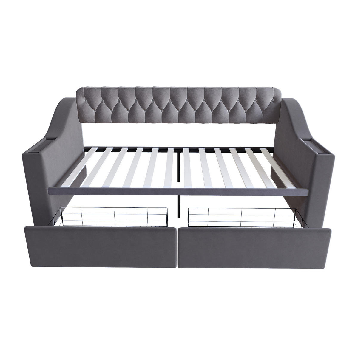SCHLAFSOFA aus Samt 90x190 cm Grau mit Schubladen, Stauraum und Ladeanschlüssen - Grau, Textil (90/190cm) - IVMEU