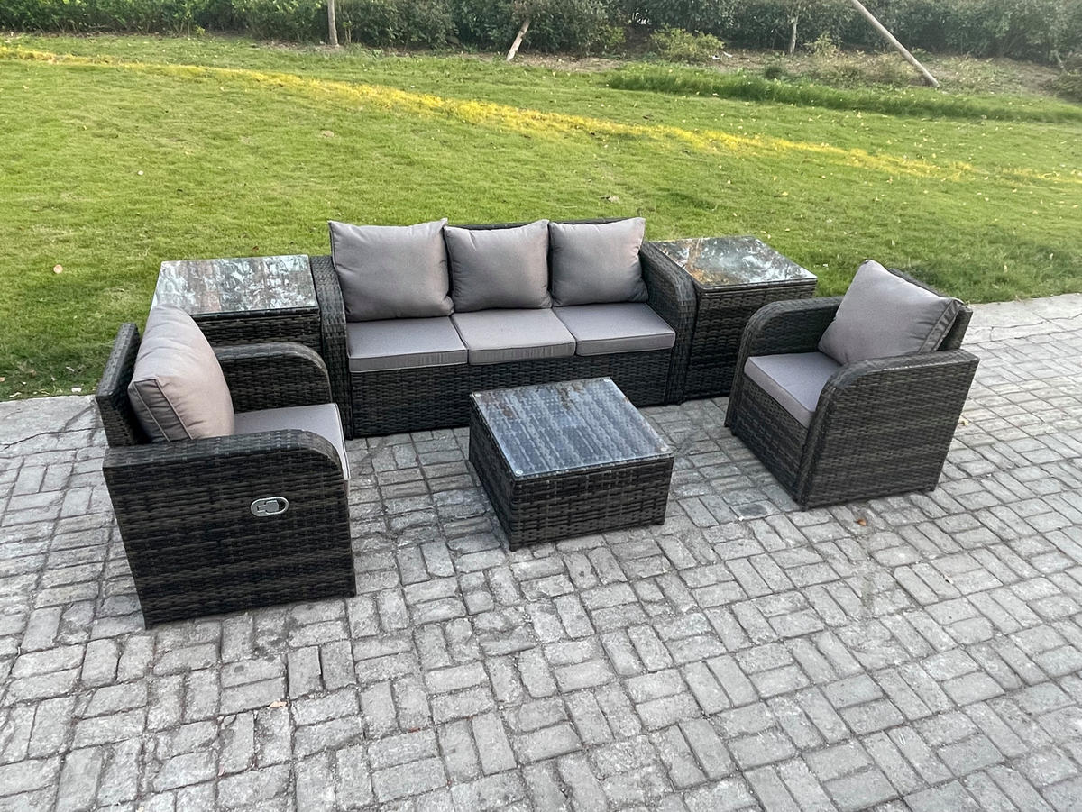 GARTENMÖBELGARNITUR mit KISSEN Polyrattan Dunkelgrau 5-Sitzer - Dunkelgrau/Grau, Glas/Kunststoff - Fimous