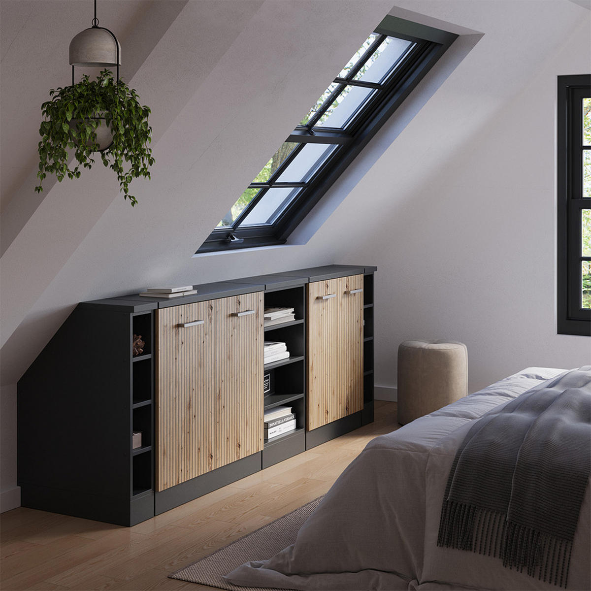 ŠATNÍ SESTAVA PRO ŠIKMÉ STŘECHY Rion Řemeslný dub 210 cm Sada 5 korpusů skříně hloubka 60 cm - antracitová/dub artisan, kompozitní dřevo (210/83.8/60cm) - Vicco