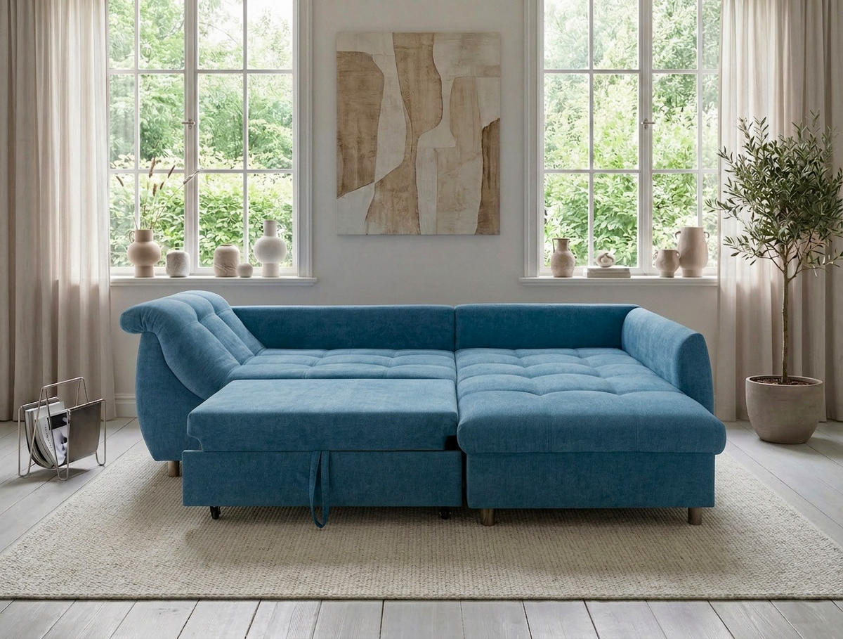 ECKSOFA mit Schlaffunktion, Wellenunterfederung, Ottomane rechts B250/T190/H84 cm, Liegefl. 179x190 cm, Mikrofaser Blau / 17107 - Blau/Chromfarben, Textil/Metall (250/190cm) - luma-home