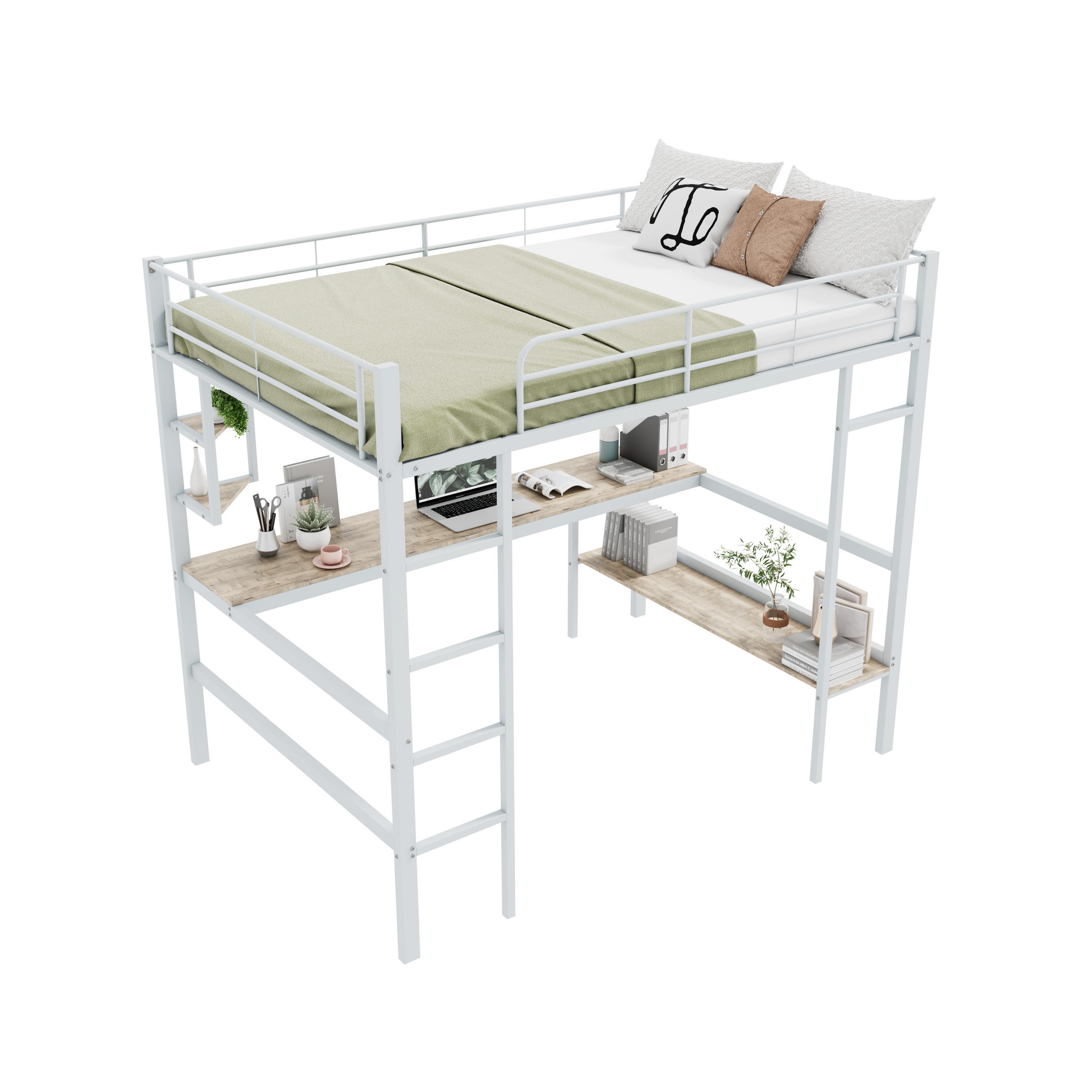 HOCHBETT 140/200 cm Metallbett mit Schreibtisch und Regalen in Weiß - Weiß, Metall (140/200cm) - OKWISH