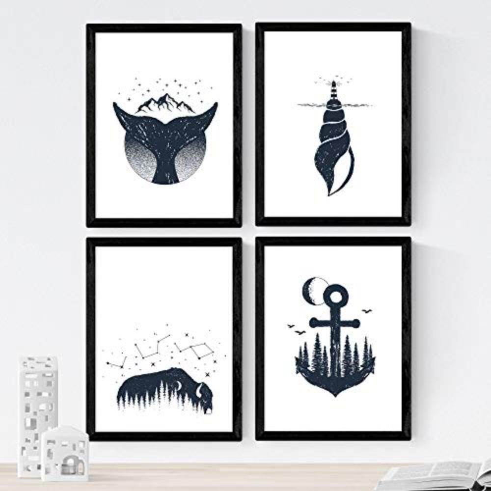 POSTER Set mit 4 Marino Wald A3 Schwarzer Rahmen - Schwarz, Papier (29.7/3cm) - Nacnic