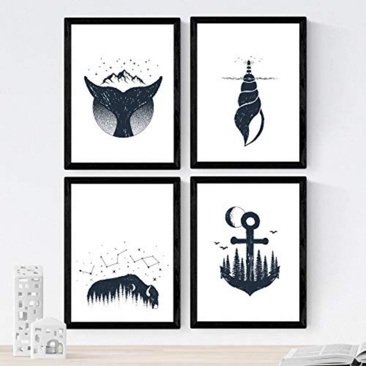POSTER Set mit 4 Marino Wald A3 Schwarzer Rahmen - Schwarz, Papier (29.7/3cm) - Nacnic