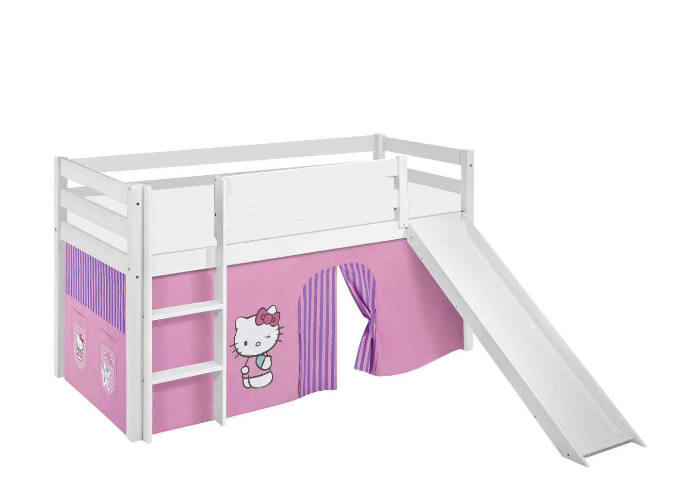 SPIELBETT JELLE Hello Kitty Lila - Hochbett - mit Rutsche und Vorhang - Weiß, Holz - Lilokids