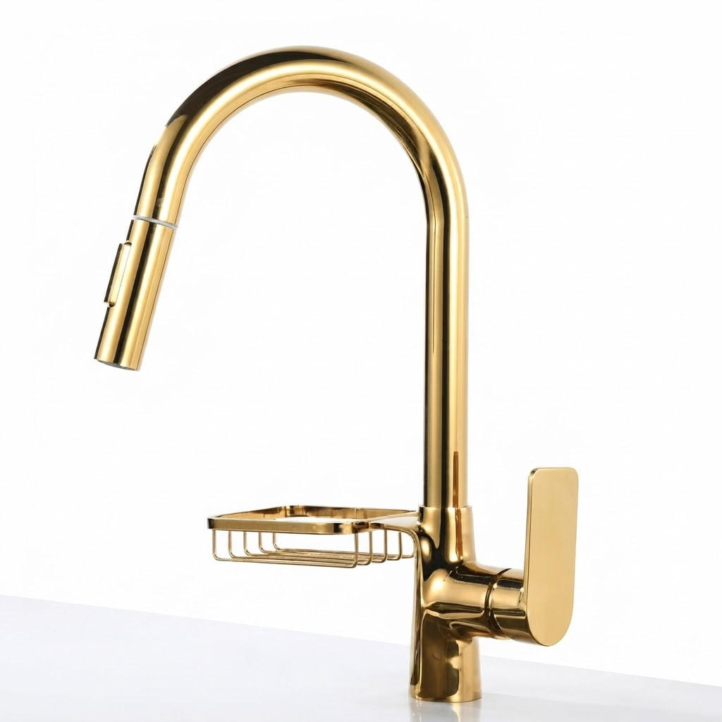 KÜCHENARMATUR mit Korb und Schlauch, 42 cm hoch, gold - Goldfarben, Metall (24/6/15cm) - Vallsero