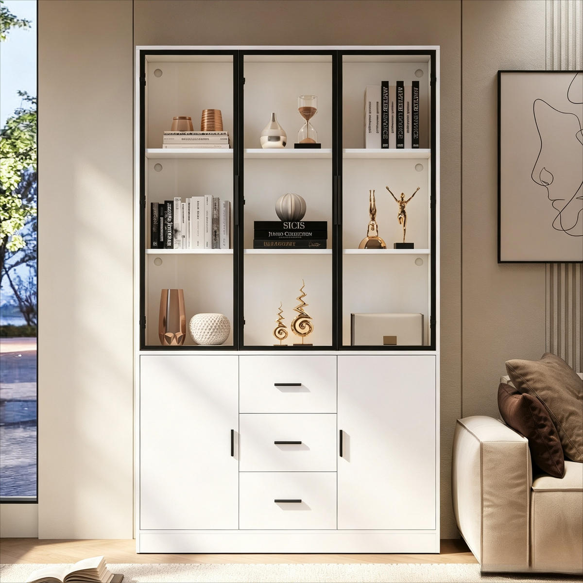 KÜCHENSCHRANK MIT LED BELEUCHTUNG 120/200/30 cm, Spanplatte und Glas, Weiß matt, Highboard mit 3 Schubladen für Wohnzimmer - Weiß, Holzwerkstoff (30/200/120cm) - Rolipo