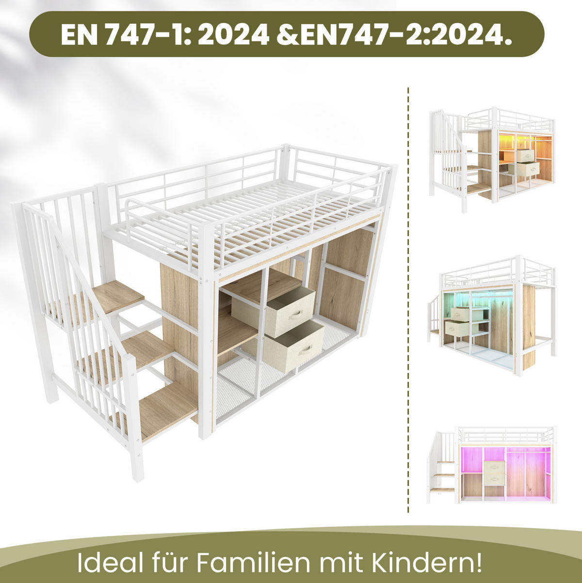 HOCHBETT 90/200 cm Weiß aus Metall und MDF mit LED-Beleuchtung und Stauraum - Weiß, Metall (90/200cm) - OKMYHOME