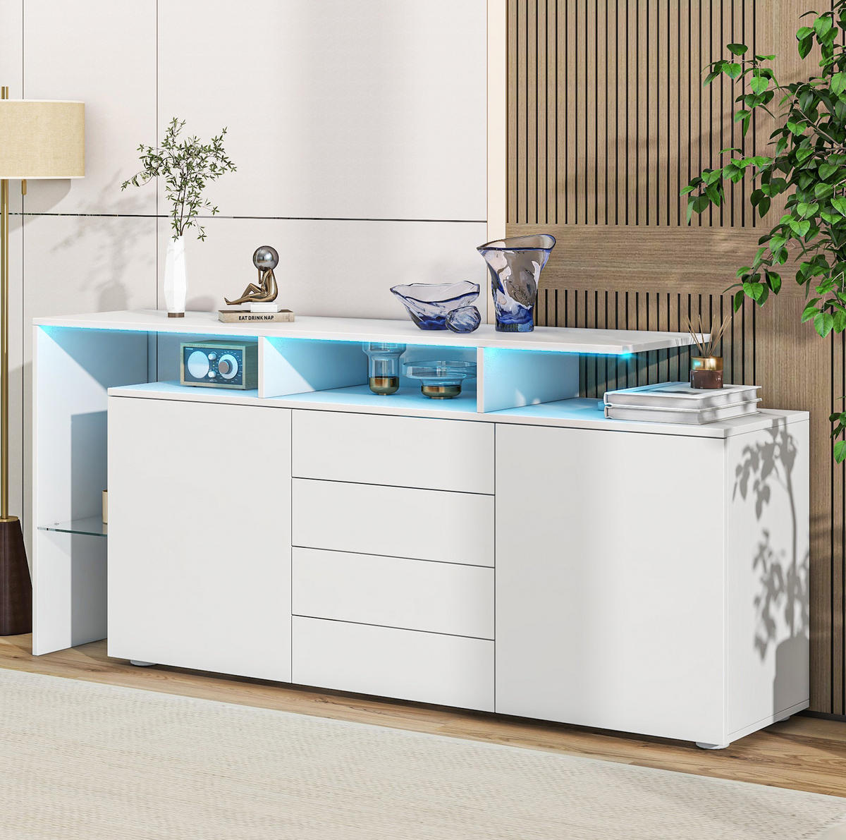 SIDEBOARD aus Spanplatte 160x35x70 cm Weiß mit LED-Beleuchtung, 4 Schubladen und 2 Türen - Weiß, Holzwerkstoff (160/70/35cm) - IVMEU