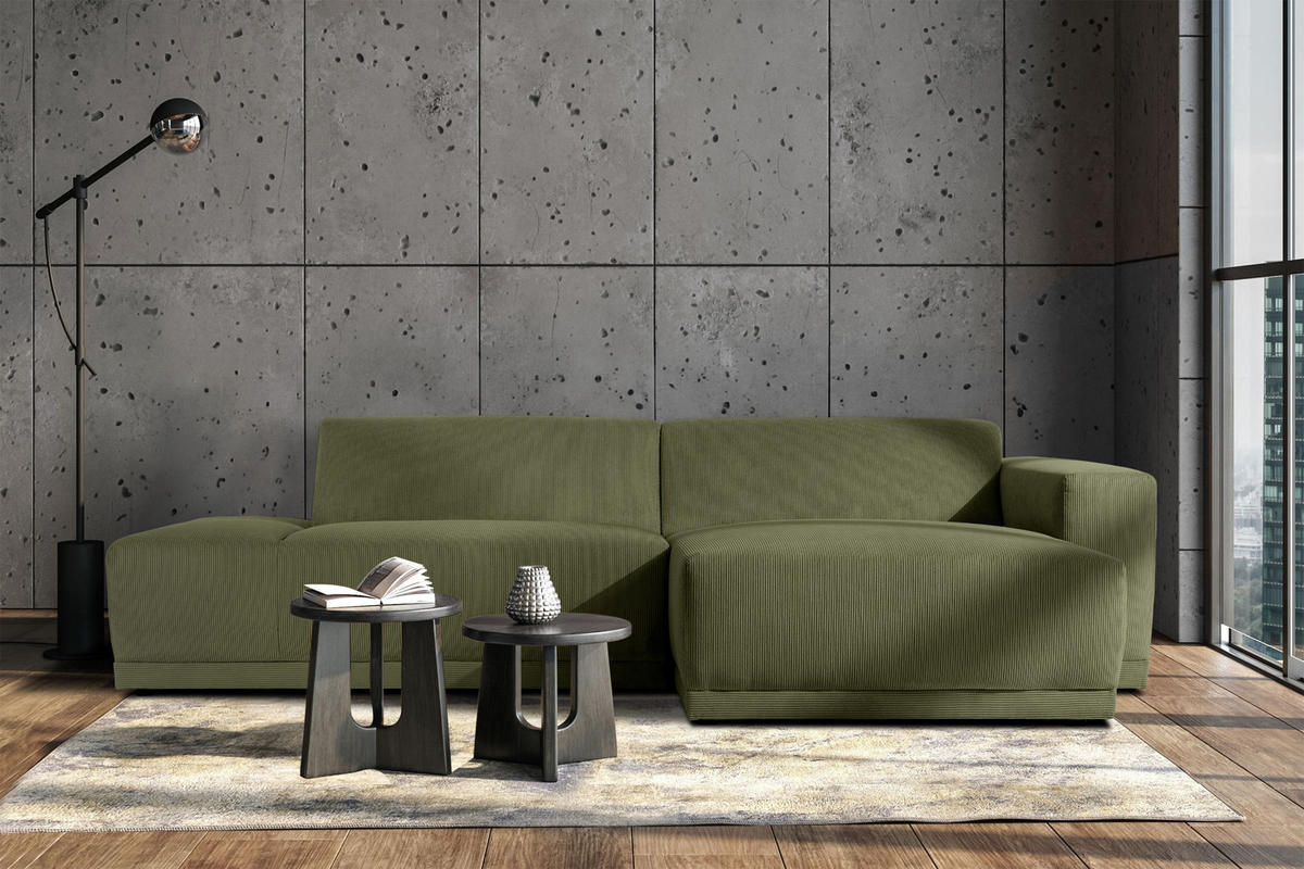 ECKSOFA-RECHTS MUDI in moderner Optik mit hochwertigem Kaltschaum, Cord-Stoff, khaki - Schwarz/Grün, Textil (280/160cm) - KONSIMO®